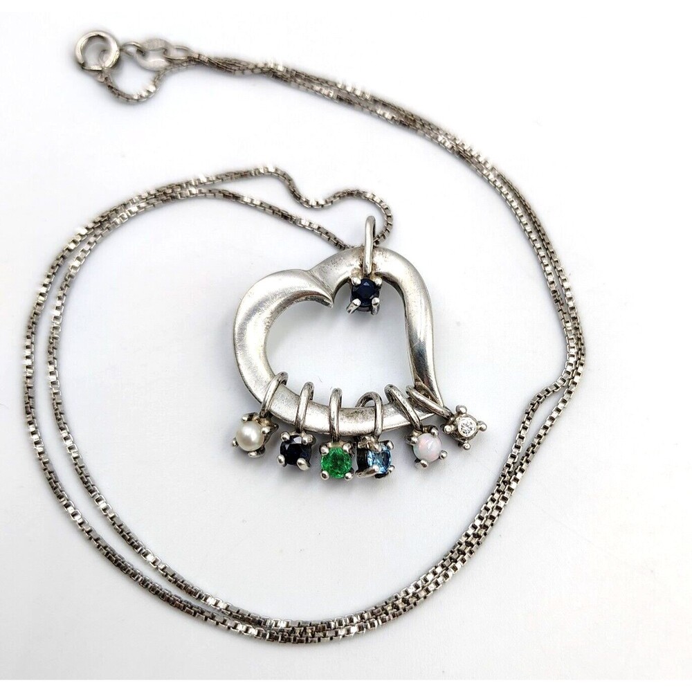 Vintage Lenox Sterling Silver 925 Multi Gemstone Open Heart Pendant Necklace